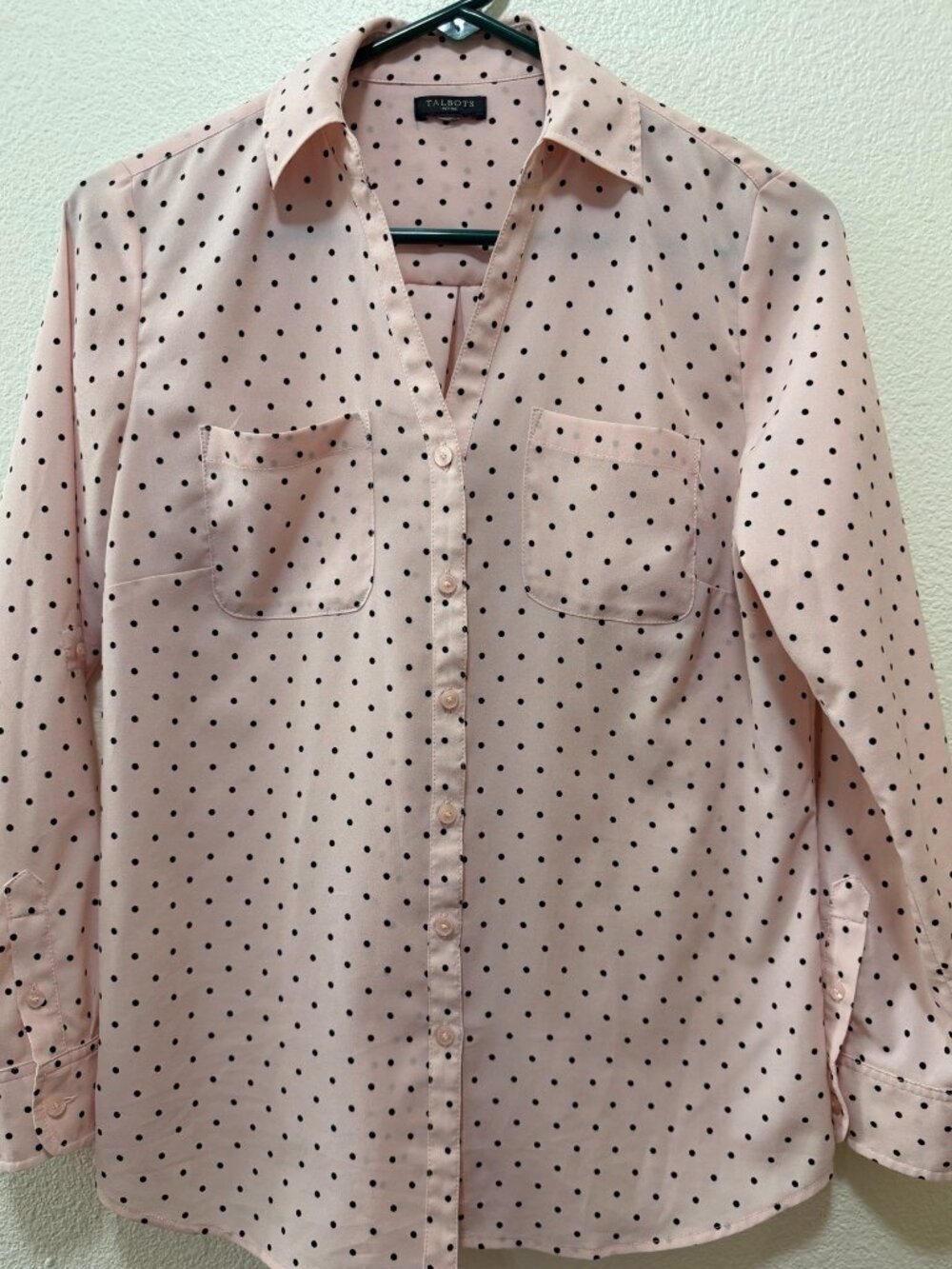 Talbots petite pink and black polka dot sheer blouse, button down, PS
